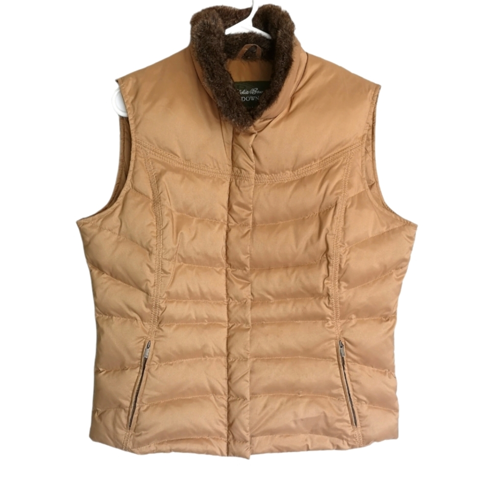 Eddie Bauer Original Quilted Goose Down Puffer Vest Fur Trim Gold Womens…
